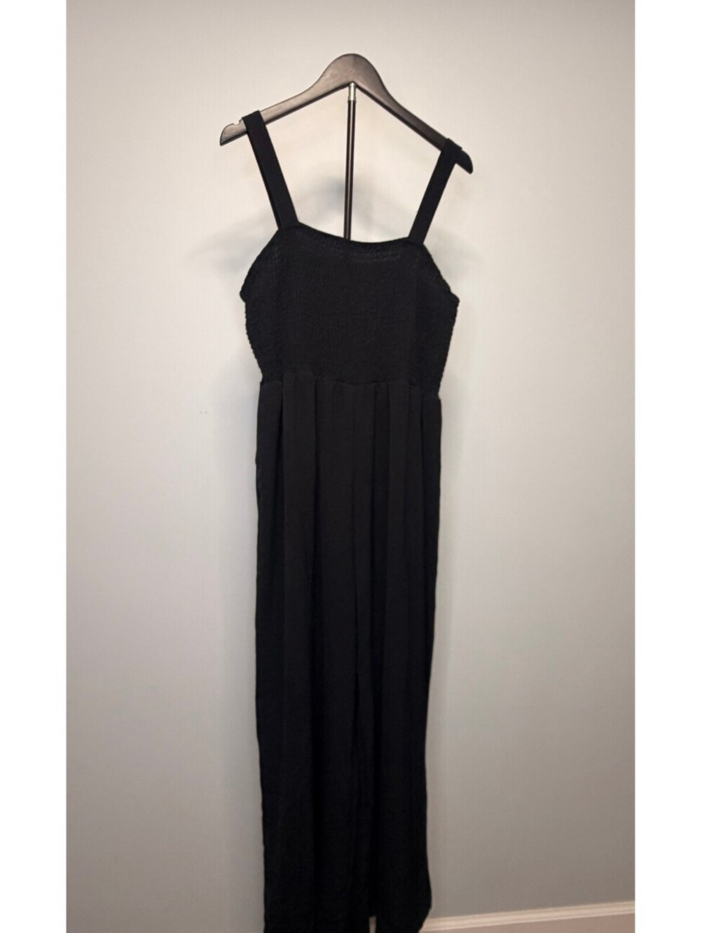 Black Wide Leg Jumpsuit with Smocked Bodice and Thick Straps